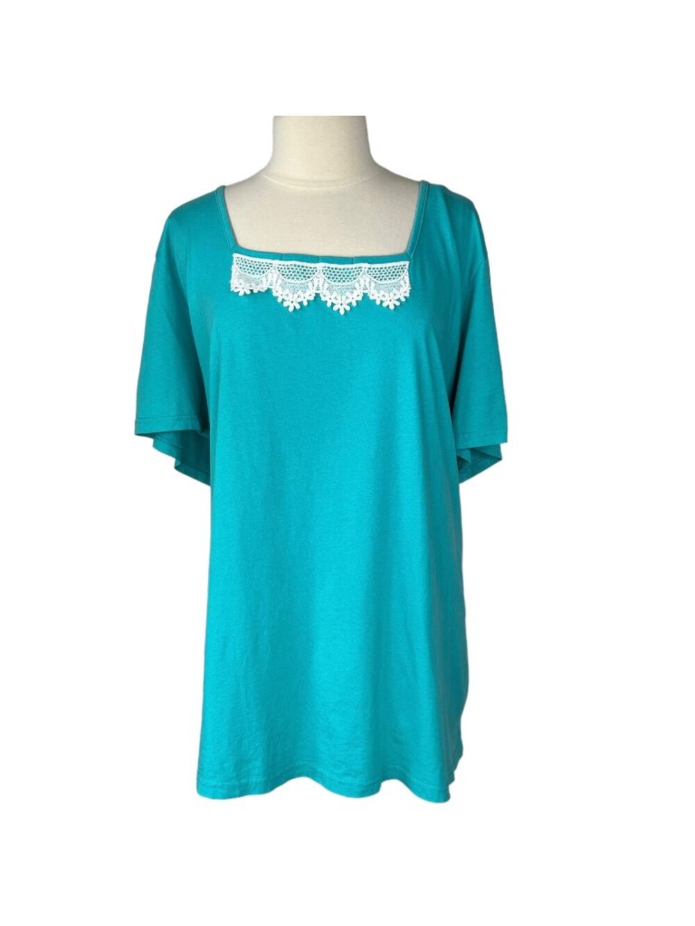 Roamans Casual Shirt Womens Plus Size 4X Green Lace Detail Short Sleeves